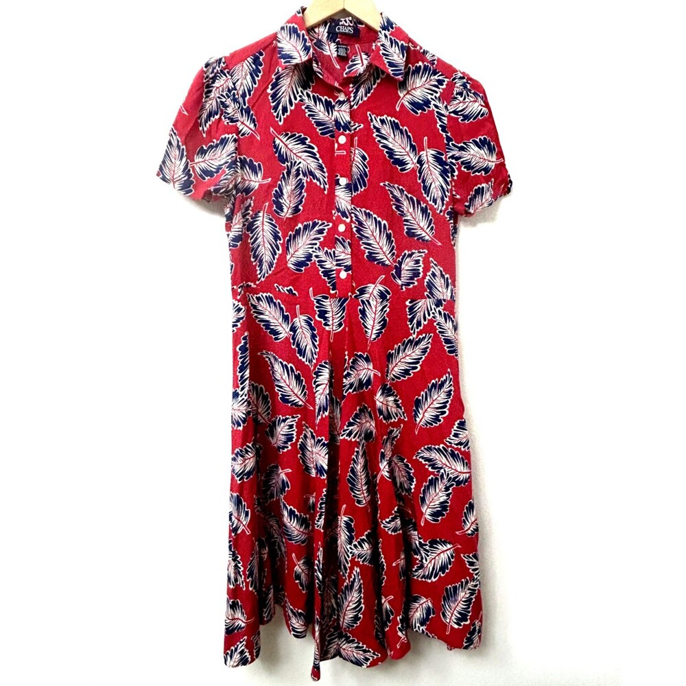 Chaps Classic Button Down Shirt Dress Red & Blue Tropical Leaf Print XS